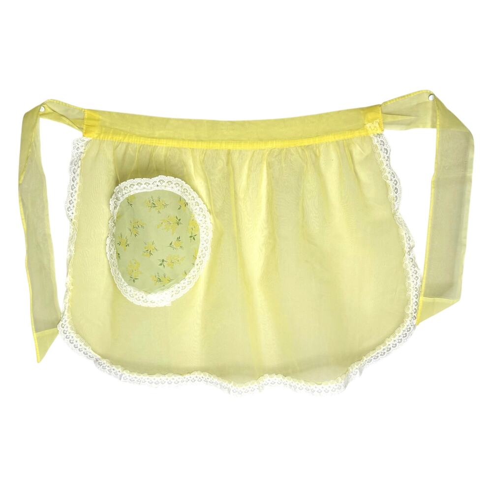Vintage Sheer Yellow Chiffon Hostess Half Apron Lace Trim Floral Pocket Handmade